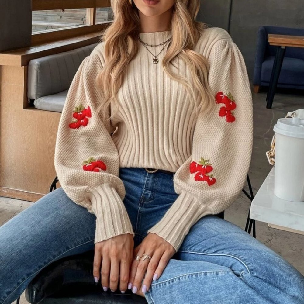 Strawberry Ribbed Knit Sweater Top Cozy Khaki - Picture 1 of 6